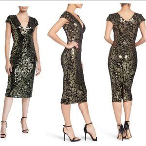 Dress The Population Allison black and gold velvet midi dress